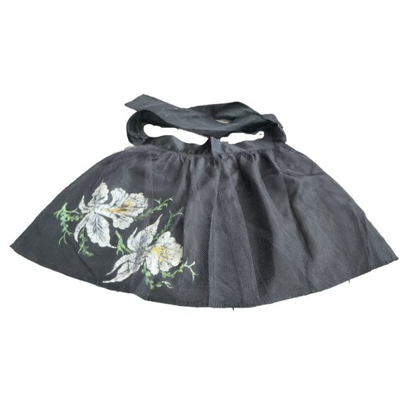 Vintage Apron Black Taffeta Hand Painted Iris Black Netting Half Apron 1950s - Picture 2 of 5